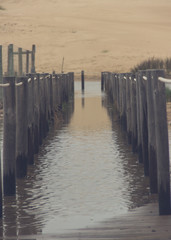 Wooden boardwalkcovered by water with the dunes in background.