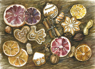Spices. cinnamon, star anise, homemade cookies. Watercolor illustration