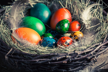 Various Easter eggs in the rustic cottage