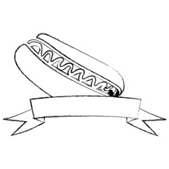 monochrome blurred contour of hot dog with sauce and ribbon vector illustration