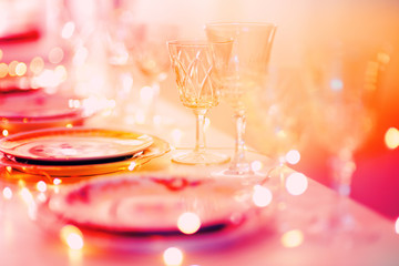 Beautiful table setting with crockery for a party, wedding reception or other festive event