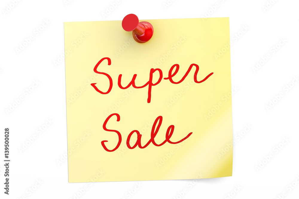 Poster super sale text on a sticky note, 3d rendering