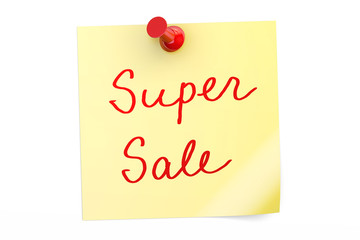 Super Sale text on a sticky note, 3D rendering