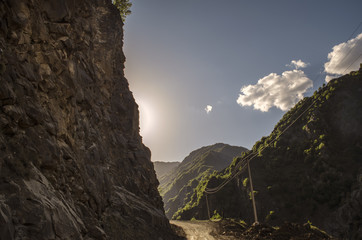 Cycling mountain road. Misty mountain road in high mountains.. Cloudy sky with mountain road. Big Caucasus. Azerbaijan Lahic