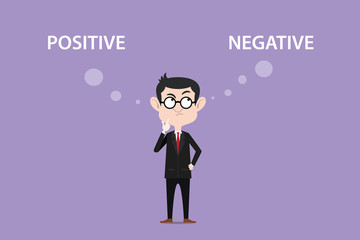 confuse about positive negative effects illustration with a man wearing black suit and eyeglass and white text on top of his head