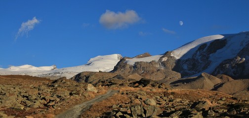 Hiking trail in Zermatt. Findel glacier and moraine. View from Fluhalp.