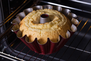 Homemade cake in the mold in the oven during baking
