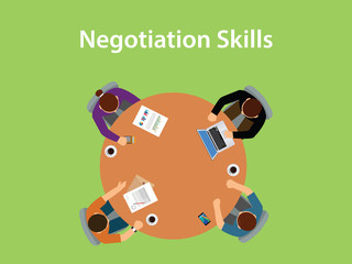 negotiation skills illustration with four people discuss in one table with paperworks, coffee and laptop on top of table