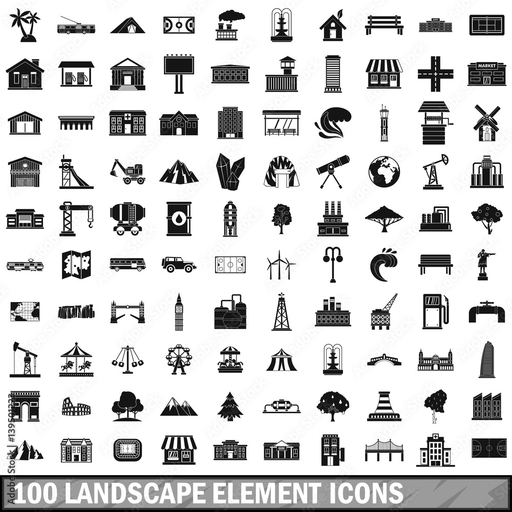 Poster 100 landscape element icons set in simple style