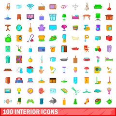 100 interior icons set, cartoon style