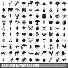 100 live nature icons set in simple style