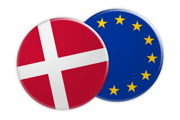 Obraz premium Politics News Concept: Denmark Flag Button On EU Flag Button, 3d illustration on white background