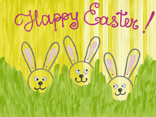 Hand drawn colorful isolated bunnies hiding in grass and lettering Happy Easter set on yellow background. Isolated illustration painted by oil