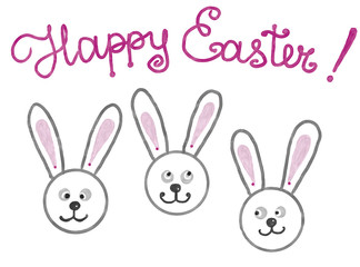Hand drawn colorful isolated bunnies and lettering Happy Easter. Isolated illustration painted by oil
