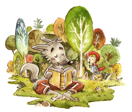 Lobo en el bosque leyendo un libro con caperucita roja