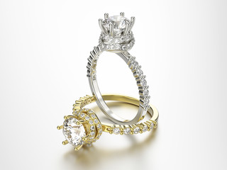 3D illustration two gold and silver rings with diamonds