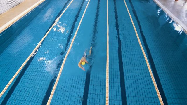 AERIAL: professional swimmer finishes at a distance on the competition in the pool. 4K. View from above.