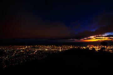 Tantalus Lookout at night, Puu Ualakaa State Park Honolulu. Tourists on panoramic city,Waikiki Beach and Diamond Head. Waikiki skyline Oahu Hawaii, United States. Vacation and nightlife concept.