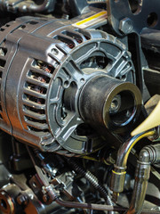 Detailed closeup of alternator generator machine engine