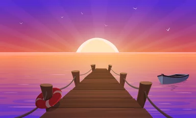 Foto auf Acrylglas Seebrücke Cartoon Sunset At Pier