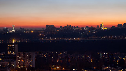 Panorama at night Kiev with Kiev Pechersk Lavra and Mother Motherland. Ukraine. Kiev.