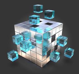 Challenge. Metal Cube with Blue glass parts. Black background. 3D render.
