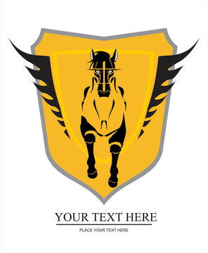 Running horse on the winged shield. suitable for team identity, sport club mascot, insignia, emblem, illustration for apparel, mascot, equestrian club, motorcycle community, corporate identity, etc.