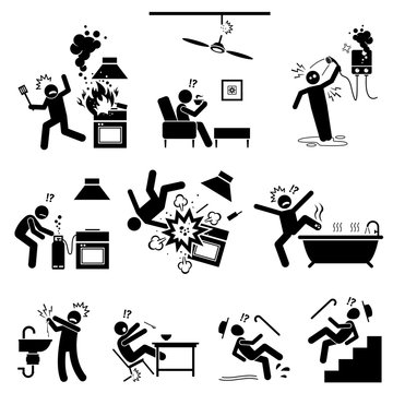 Safety hazard at home. Dangerous appliances and potential risks inside the house. Accident, mishap, and injuries at kitchen, bathroom, and other places in the house. Illustration in stick figures.