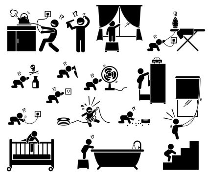 Safety Hazard At Home For Children. Potential Risks And Dangerous Hazard Inside House That Can Cause Serious Accident, Injury, And Harm To Baby And Toddler. Illustration Designed In Stick Figures.