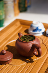 Oolong tea Brewed in a purple clay teapot.