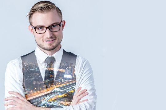 Elegant Business Man With Glasses Double Exposed With Night City View Business Ideas Concept