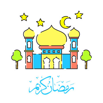 Ramadhan kareem, eid mubarak, eid al fitr, celebration for greeting card, colorful illustration mosque with calligraphy