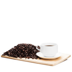 coffee mug on wooden plate with roasted coffee bean in background. Isolated on white background with clipping path.