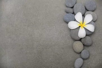 Rolgordijnen frangipani with spa stones on grey background.     © Mee Ting