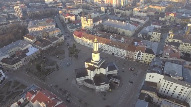 Aerial view of Ratusha in Ivano-Frankivsk, Ukraine, main benchmark of city.