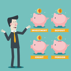 Businessman with Piggy bank. Saving and investing money concept. Financial consultation for the bank worker