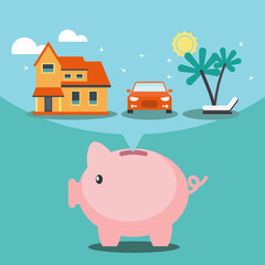 Piggy bank dreaming house, car and holiday. Saving and investing money concept. Future financial planning concept