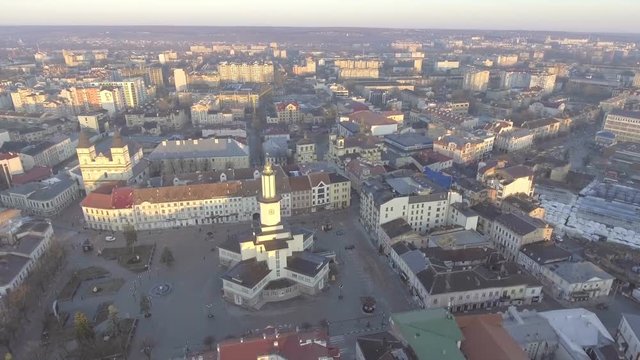 Aerial view of Ratusha in Ivano-Frankivsk, Ukraine, main benchmark of city.