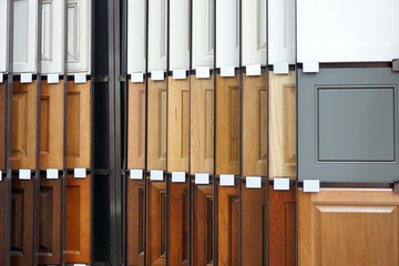 wood cabinet door samples in market in a row