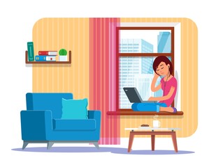 Vector illustration of young woman working at laptop, flat style