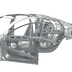 Skeleton of a car with opened doors on white. 3D illustration