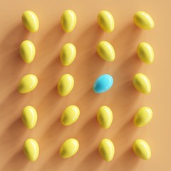 Outstanding one blue egg with many yellow eggs on orange background. minimal concept. top view