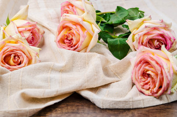 Pink roses on tablecloth.