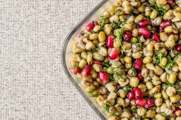 Mung Bean Salad with pomegranate. copy space