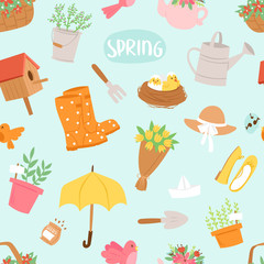 Spring natural floral symbols with blossom gardening tools seamless pattern background