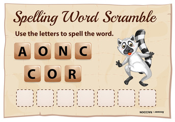 Spelling word scramble for word raccoon