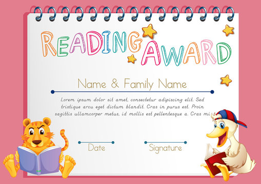 Reading award template with animals reading books