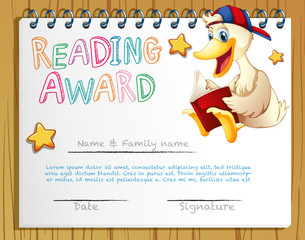 Reading award template with duck reading book