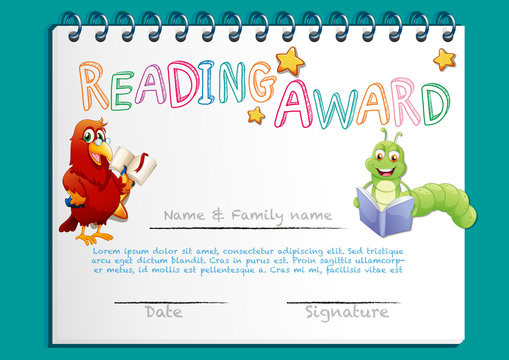 Reading award certificate template with bird reading book