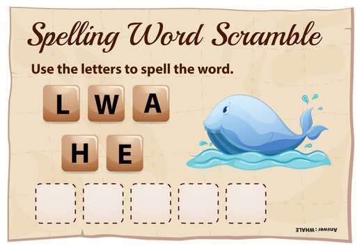 Spelling word scramble game for word whale